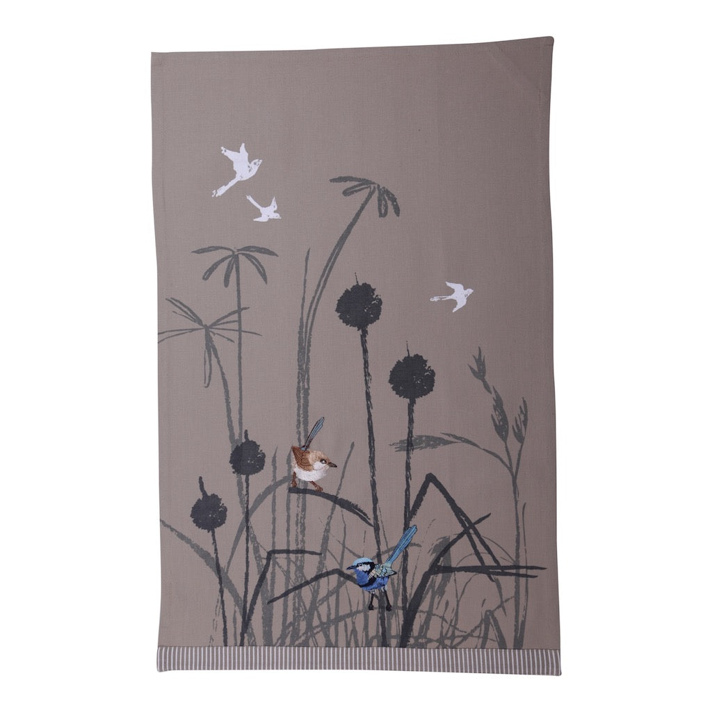 Linen Press Tea Towel Blue Wren Grassland (Organic Cotton) Teros